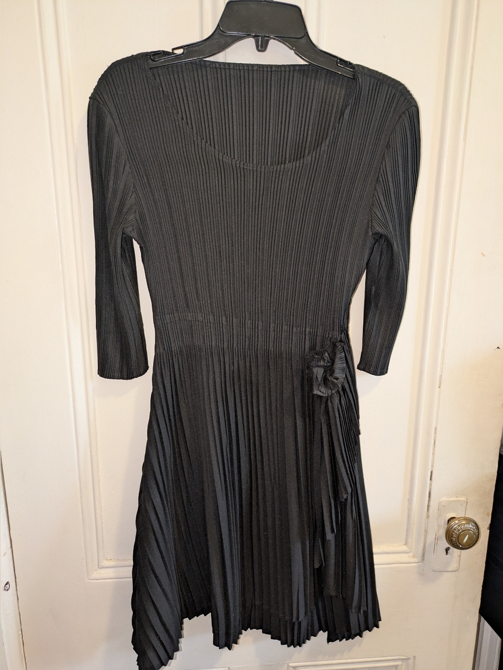 Black Pleated Fit-and-Flare Dress with Side Bow, No Size Tag, Fits like A Medium